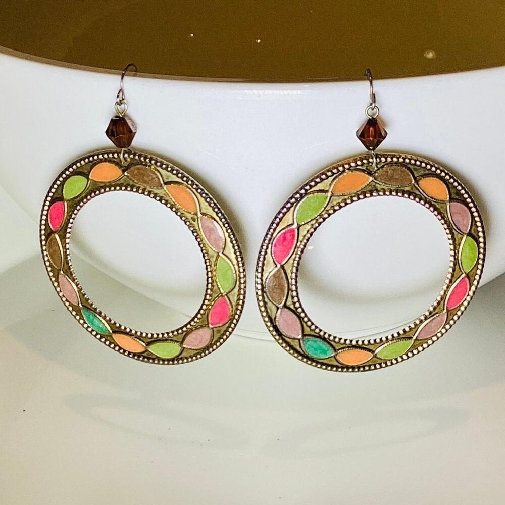 Large Enameled Metal Dangle Hoop Earrings
